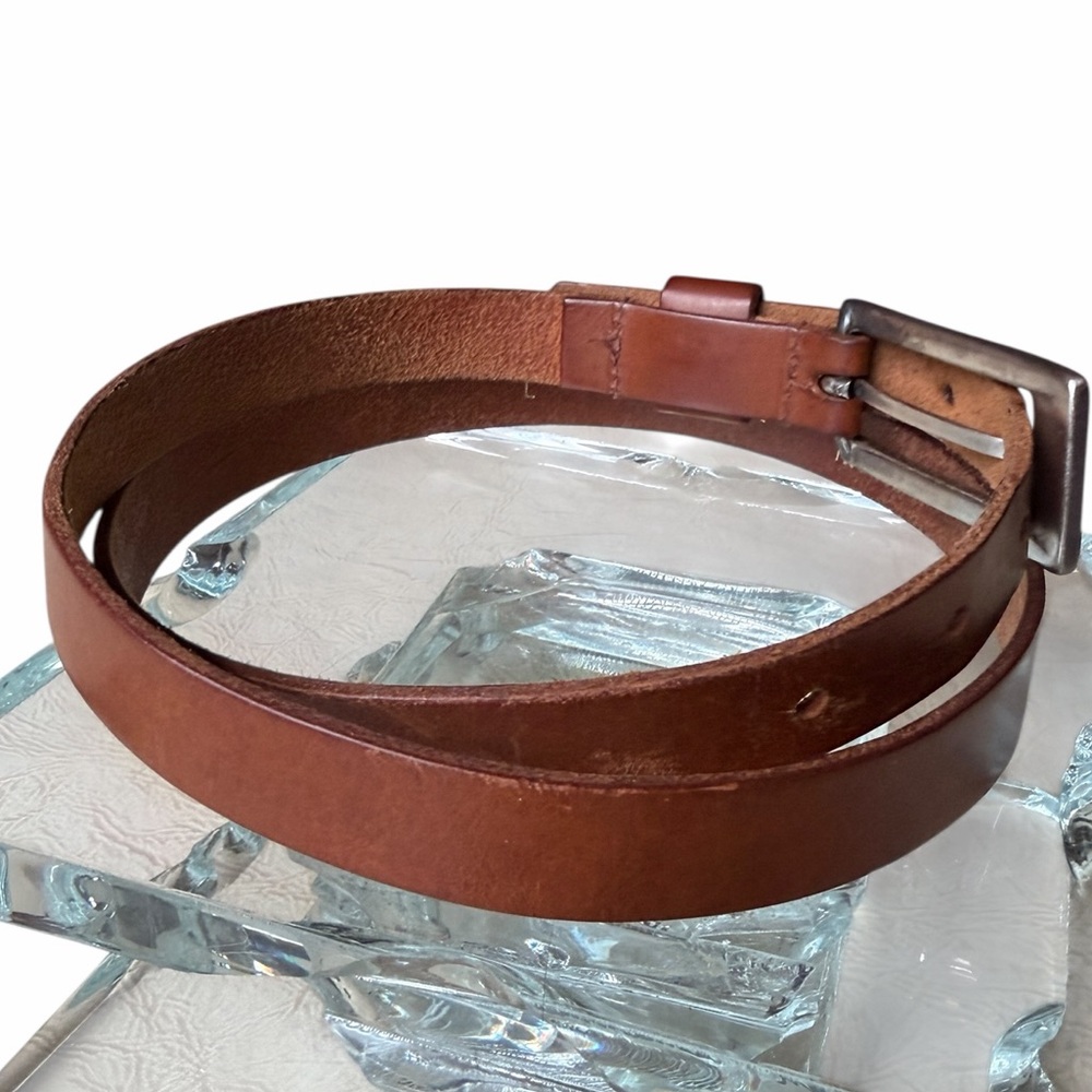 Narrow Brown Leather A. Brod Belt with Silvertone Buckle, Vintage, 33”/35” - Picture 2 of 14